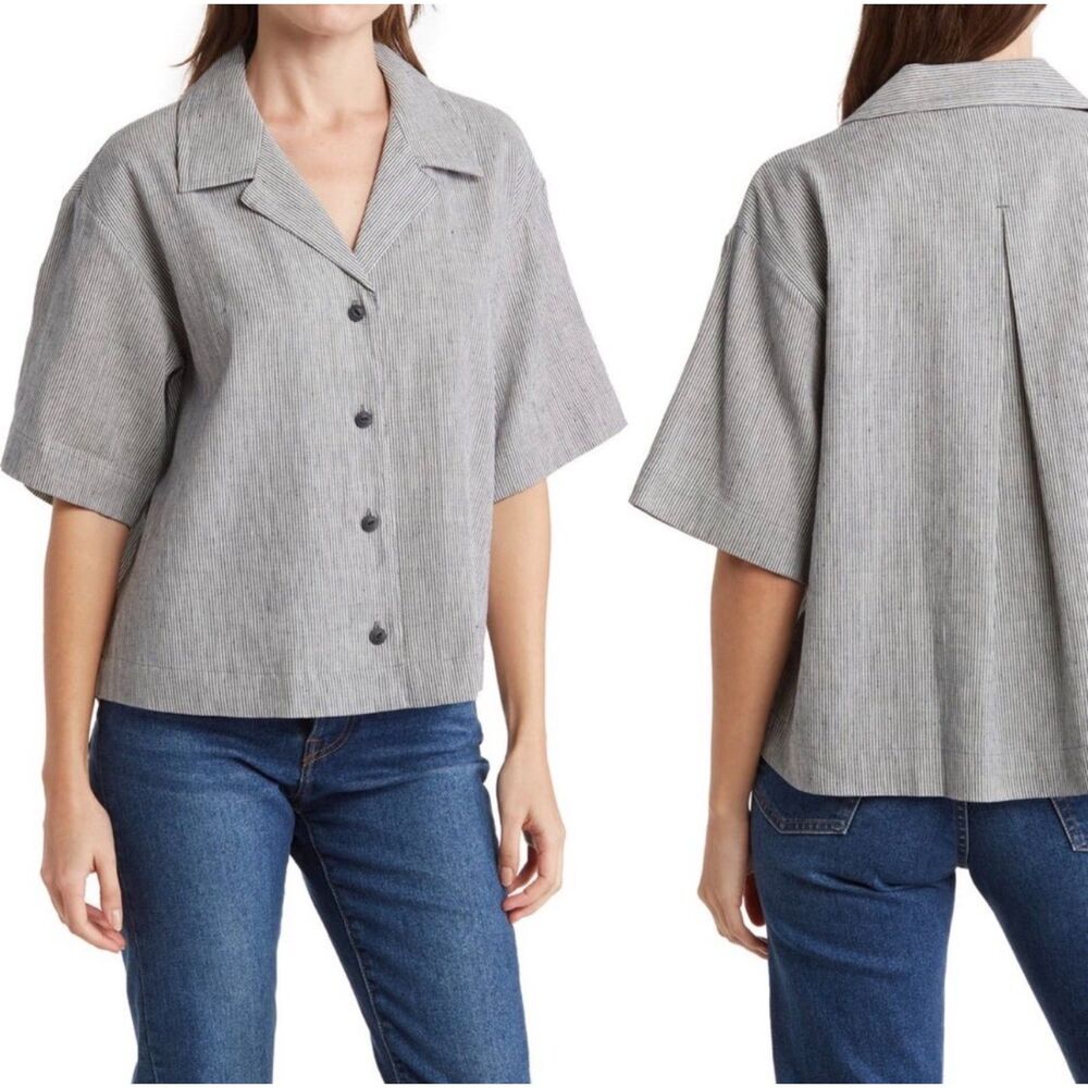 RAG & BONE Reed Stripe Short Sleeve Linen Blend Short Sleeve Button Up Shirt, M